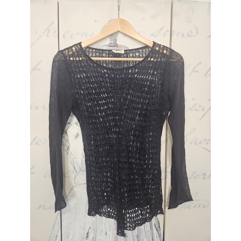 Eileen Fisher Navy Blue 100% Organic Linen Open Knit Mesh Sweater XXS